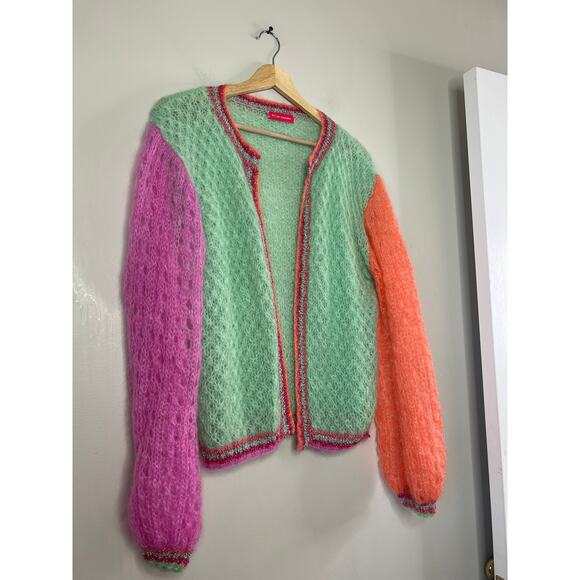 NEW Rose Carmine Mohair Blend Little Jacket Colorblock Cardigan Sweater One Size - Picture 2 of 5